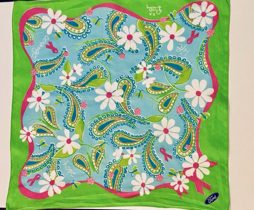 Lilly Pulitzer w/Ford Pink & Green Breast Cancer Bandana Scarf 21" Square